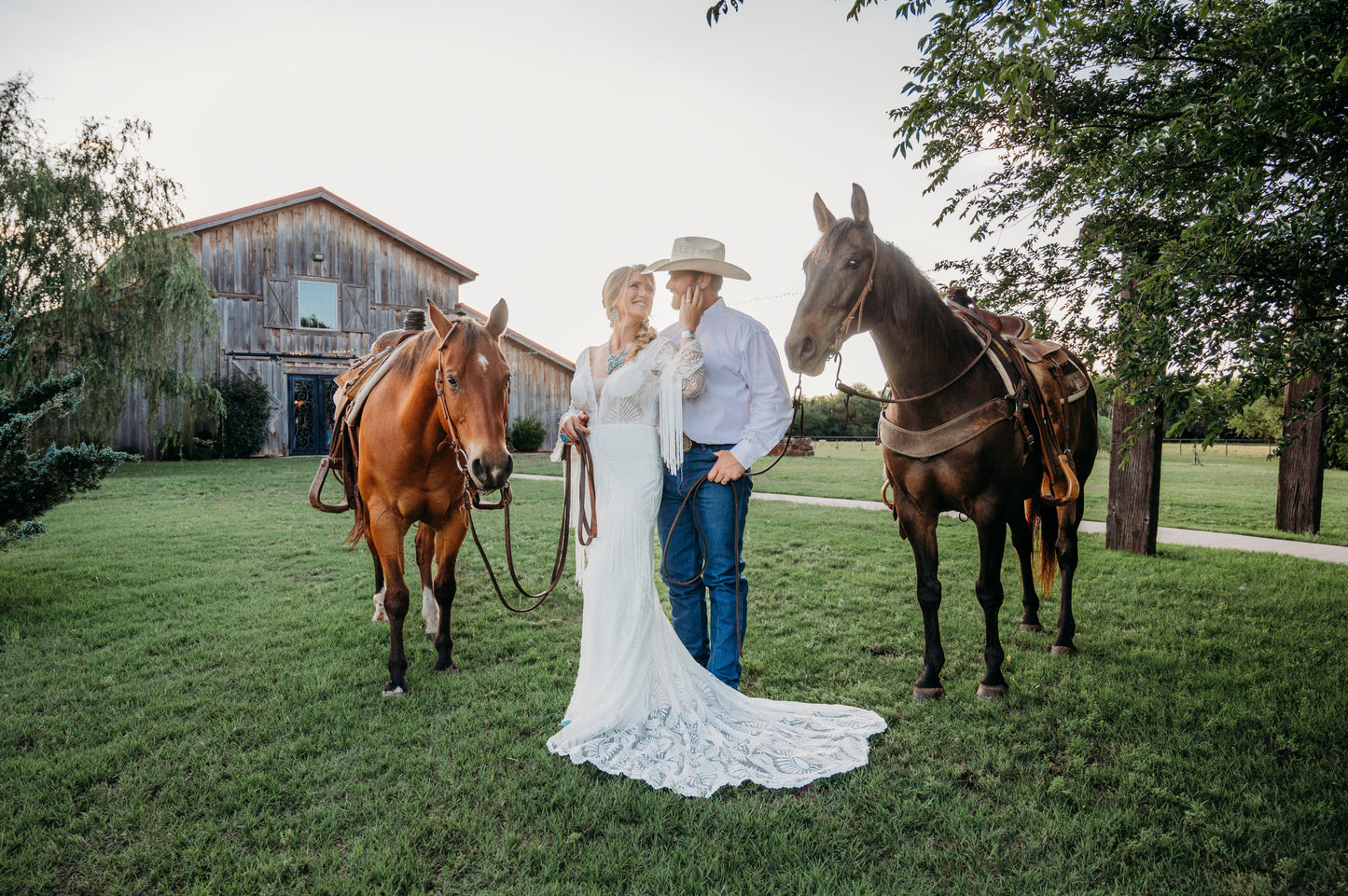 The Bonnie Gown – Western Boho Wedding Dress with Split Skirt, Fringe & Fringe Lines Bell Sleeves