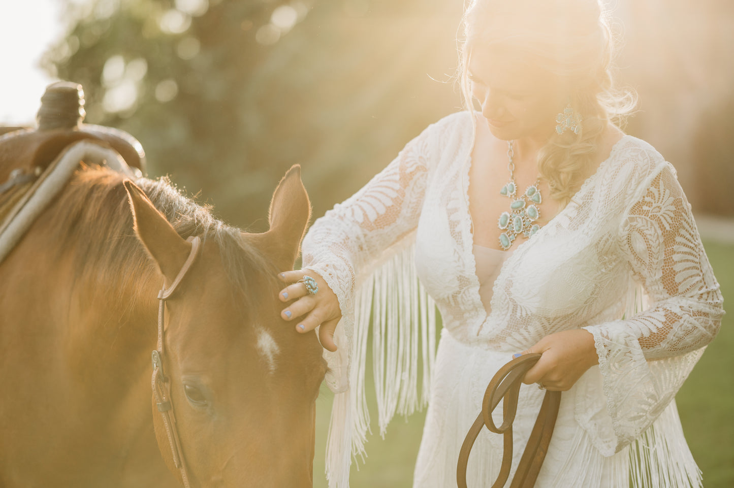 The Bonnie Gown – Western Boho Wedding Dress with Split Skirt, Fringe & Fringe Lines Bell Sleeves