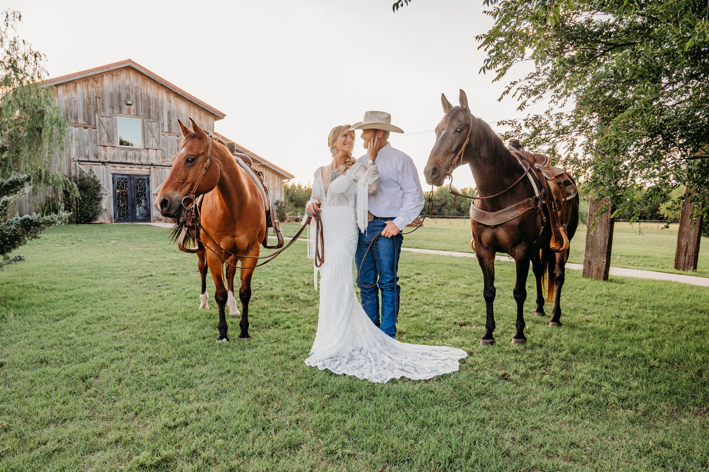 The Bonnie Gown – Western Boho Wedding Dress with Split Skirt, Fringe & Fringe Lines Bell Sleeves