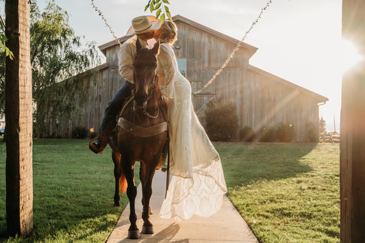 The Bonnie Gown – Western Boho Wedding Dress with Split Skirt, Fringe & Fringe Lines Bell Sleeves