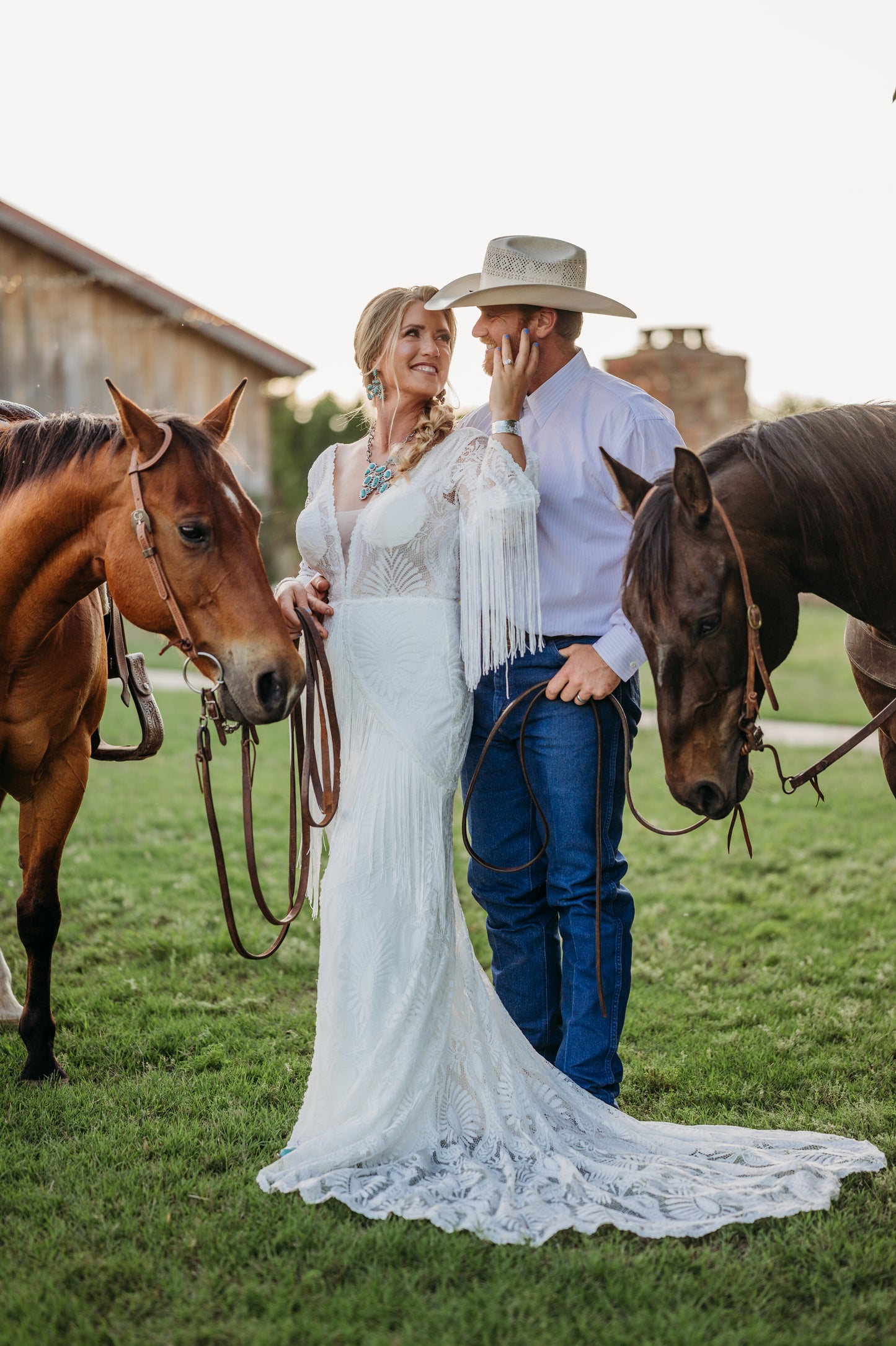 The Bonnie Gown – Western Boho Wedding Dress with Split Skirt, Fringe & Fringe Lines Bell Sleeves