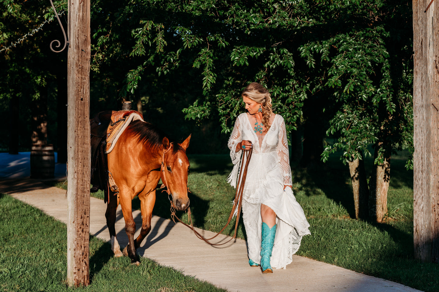The Bonnie Gown – Western Boho Wedding Dress with Split Skirt, Fringe & Fringe Lines Bell Sleeves