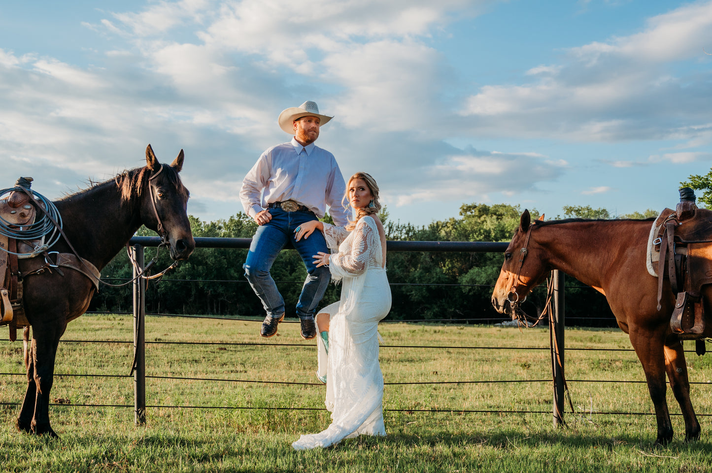 The Bonnie Gown – Western Boho Wedding Dress with Split Skirt, Fringe & Fringe Lines Bell Sleeves