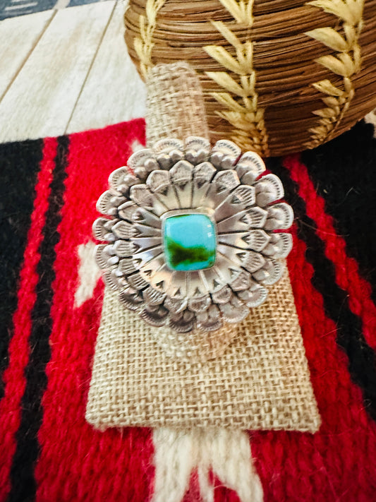Handcrafted Hand Stamped Sterling Silver & Turquoise Adjustable Ring by Leroy James