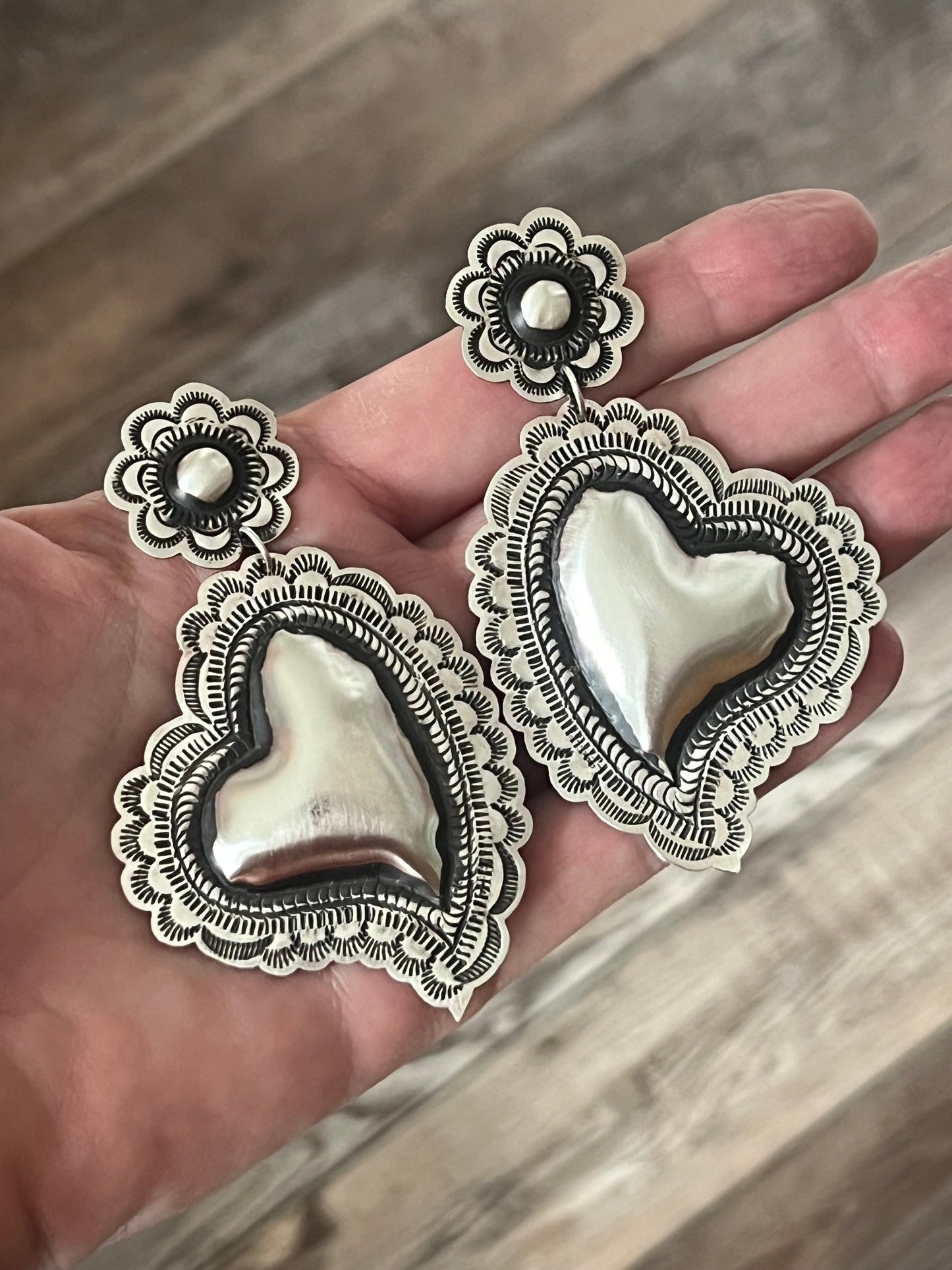 Handcrafted Sterling Silver Stamped Repousse Heart Earrings by Leander Tahe, AH2