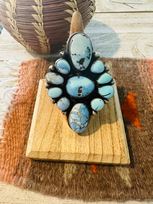 Handcrafted Golden Hills Turquoise & Sterling Silver Cluster Ring Size 7