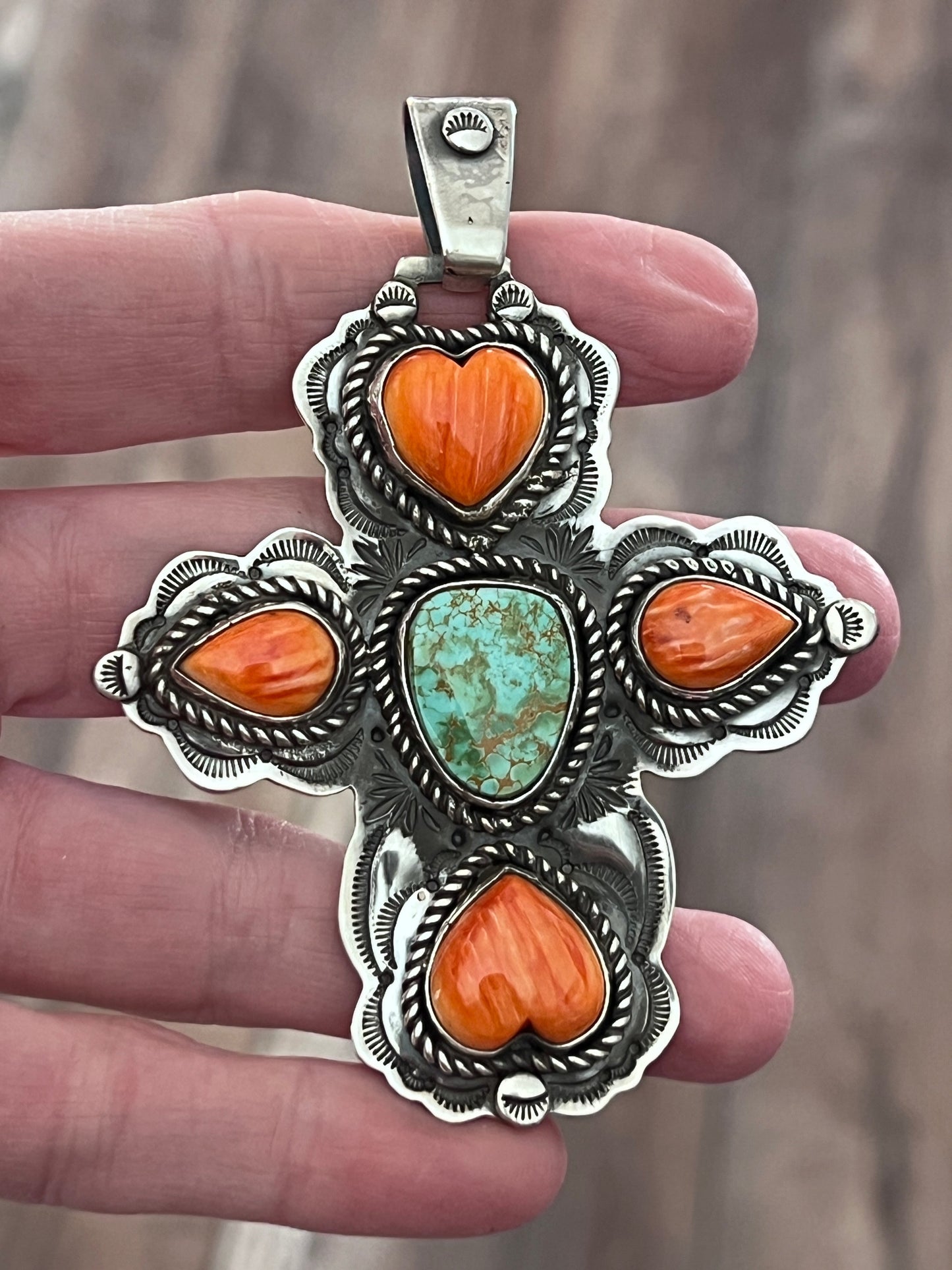 Hand Stamped Sterling Silver, Pilot Mountain Turquoise & Spiny Oyster Cross Pendant by Kimari Somers
