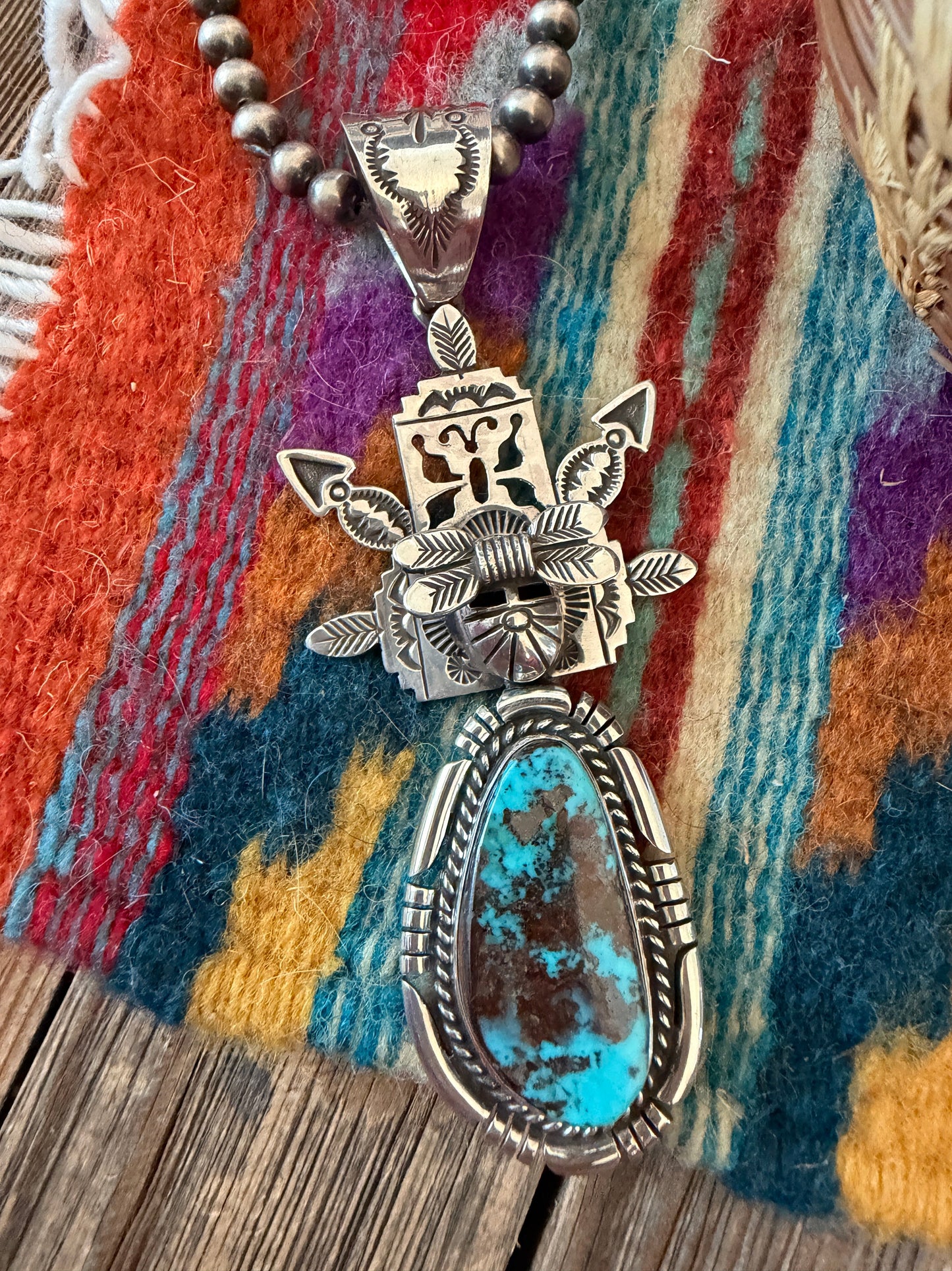 Handcrafted Sterling Silver and Valley Blue Turquoise Kachina Pendant by Freddy Charley