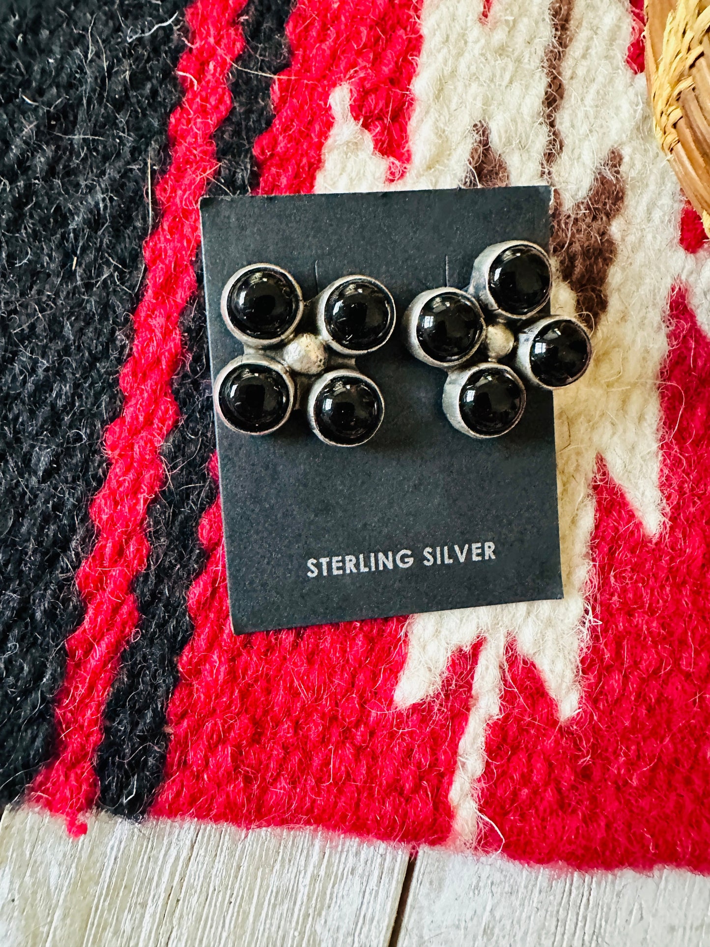 Handcrafted Sterling Silver & Black Onyx Cluster Post Earrings Signed
