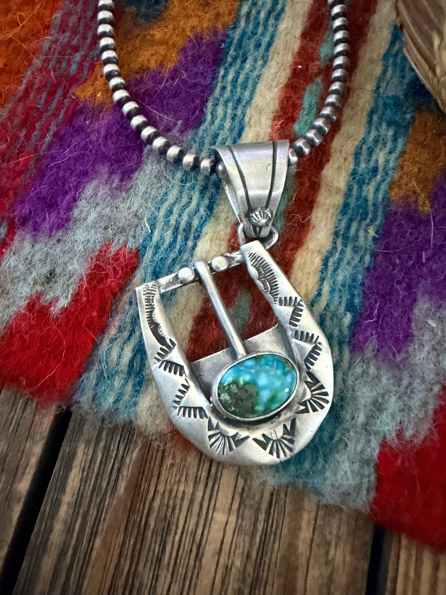 Handcrafted Sterling Silver & Turquoise Belt Buckle Pendant by Leroy James
