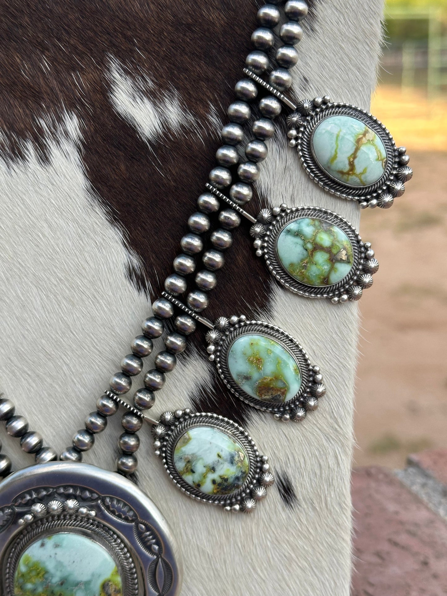 Handcrafted Sterling Silver & Palomino Turquoise Squash Blossom Necklace and Earring Set