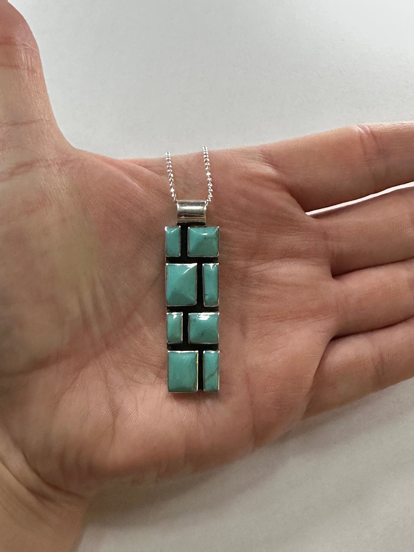 Slim Turquoise Mosaic Sterling Silver Pendant Necklace