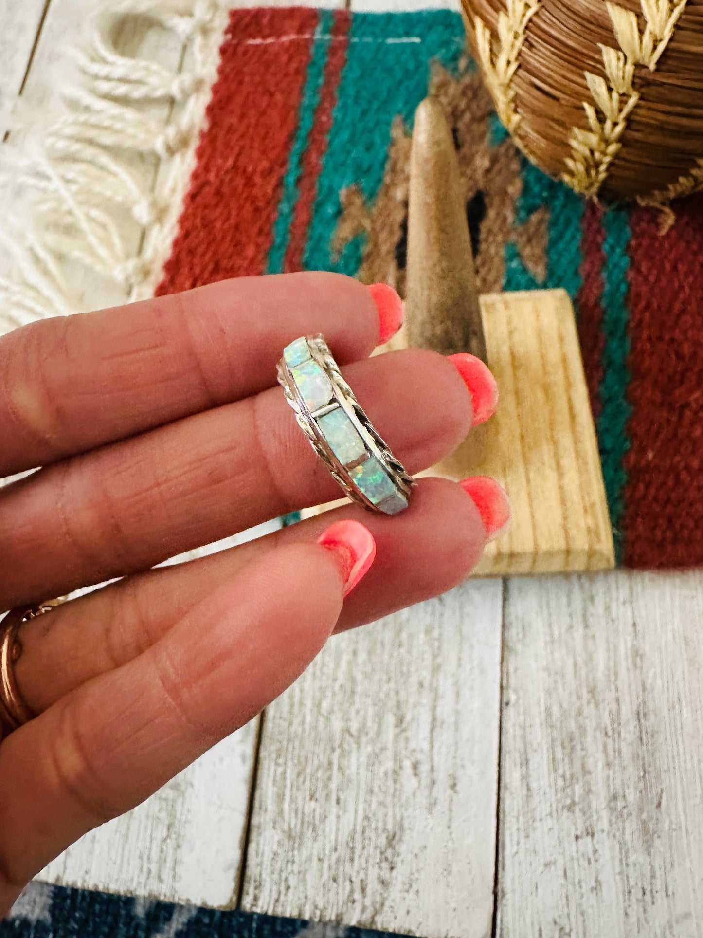 Handcrafted Sterling Silver & White Opal Inlay Band Ring