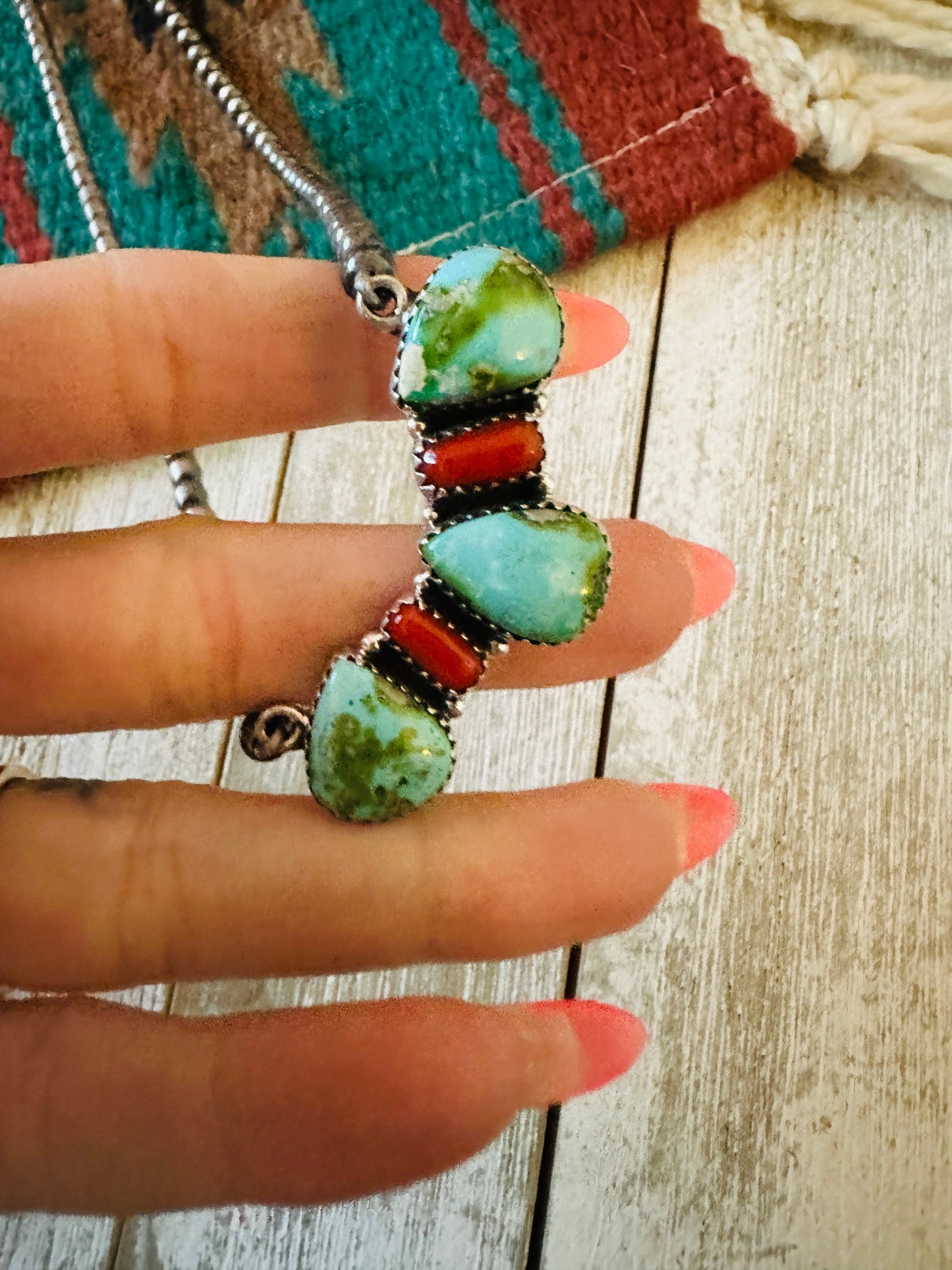 ** Christmas Collection ** Handmade Sterling Silver, Turquoise & Coral Necklace Signed Nizhoni