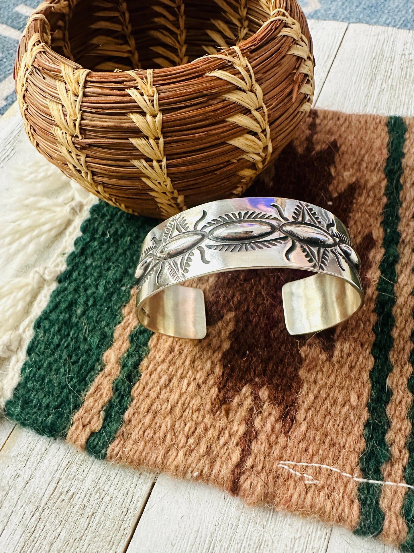 Handcrafted Stamped Sterling Silver Cuff Bracelet By Elvira Bill