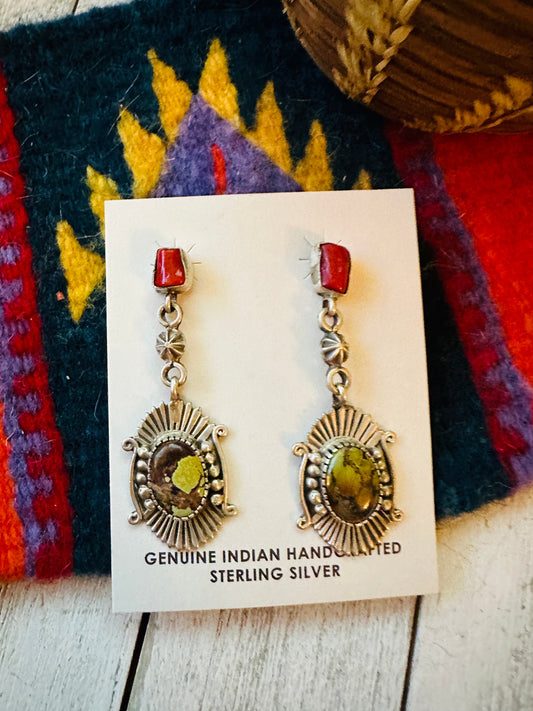 Handcrafted Tibetan Turquoise, Coral & Sterling Silver Dangle Earrings