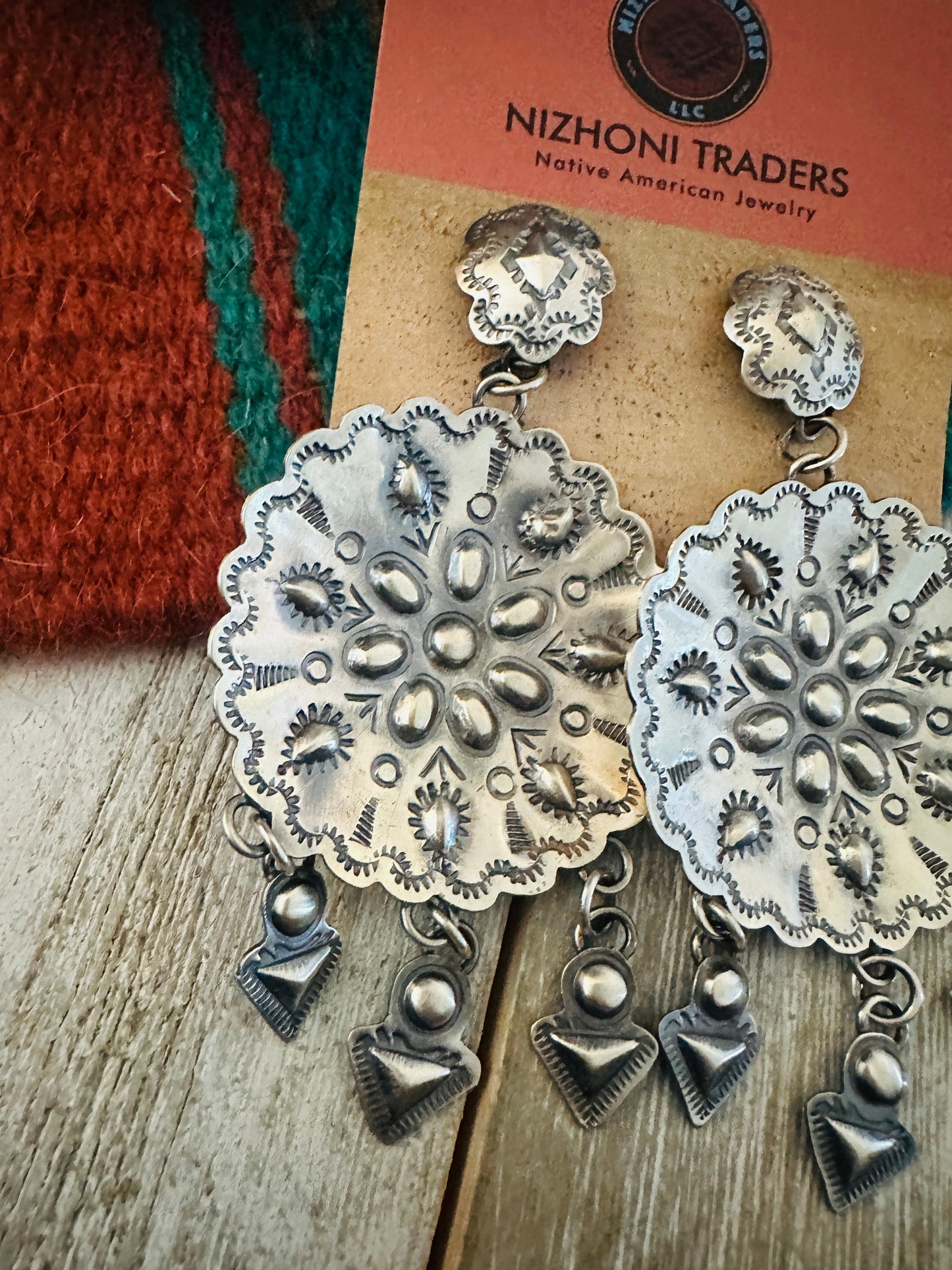 Handcrafted Hand Stamped Sterling Silver Concho Dangle Earrings