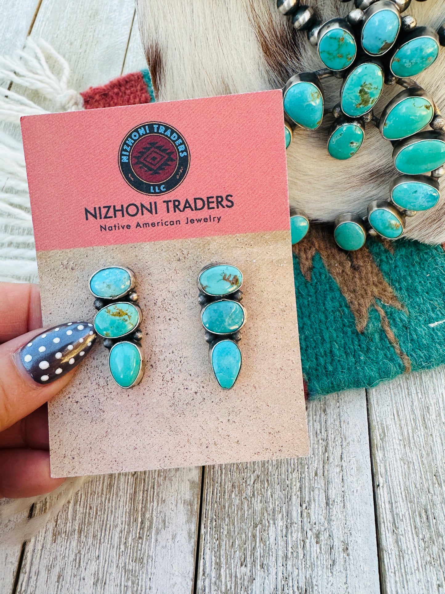 Handcrafted Carico Lake Turquoise & Sterling Silver Squash Blossom Necklace and Earring Set