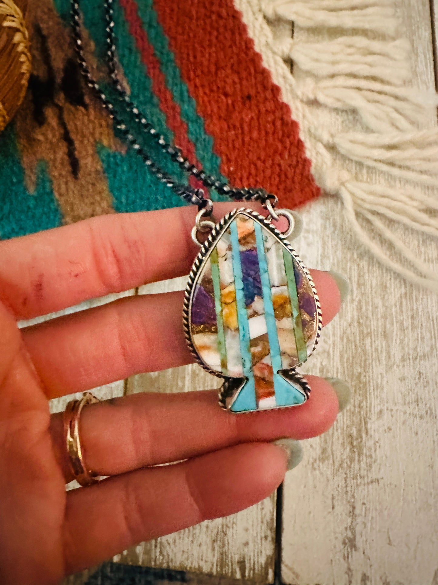 Handcrafted Sterling Silver & Multi Stone Inlay Spade Necklace
