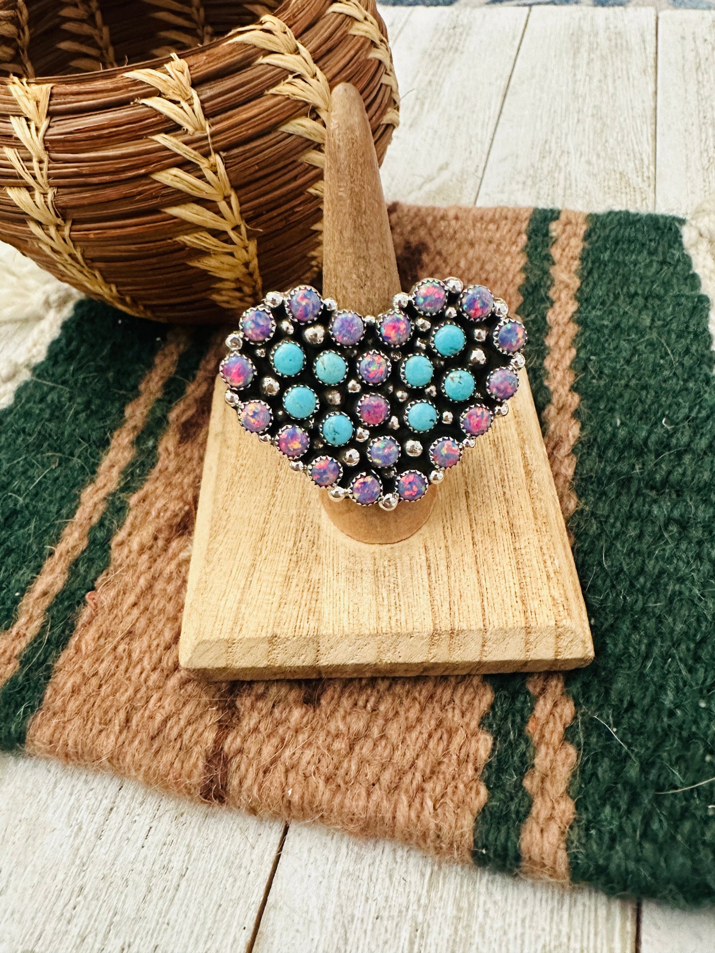 Handcrafted Sterling Silver, Opal & Turquoise Cluster Adjustable Heart Ring