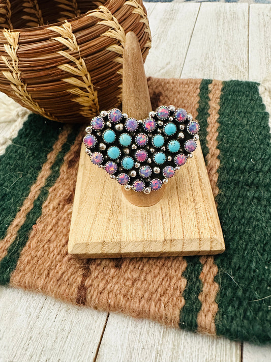 Handcrafted Sterling Silver, Opal & Turquoise Cluster Adjustable Heart Ring