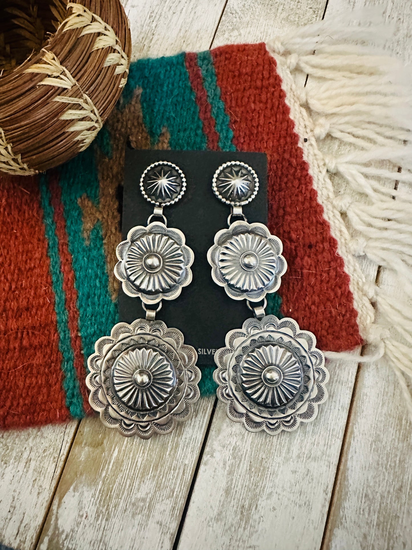 Handcrafted Hand Stamped Sterling Silver Concho Dangle Earrings by Hemerson Brown