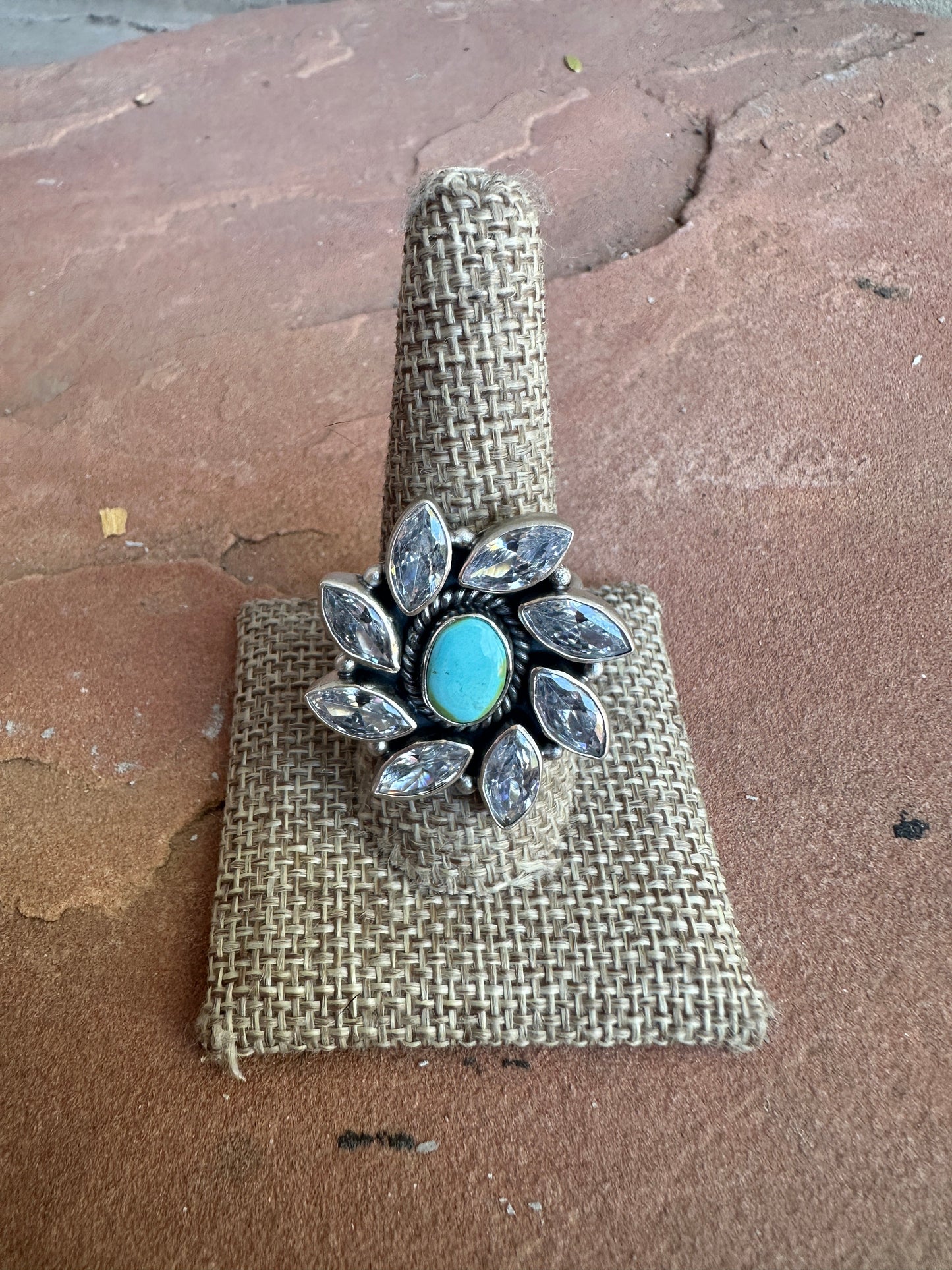 Beautiful Handmade Sonoran Mountain Turquoise , CZ And Sterling Silver Adjustable Ring