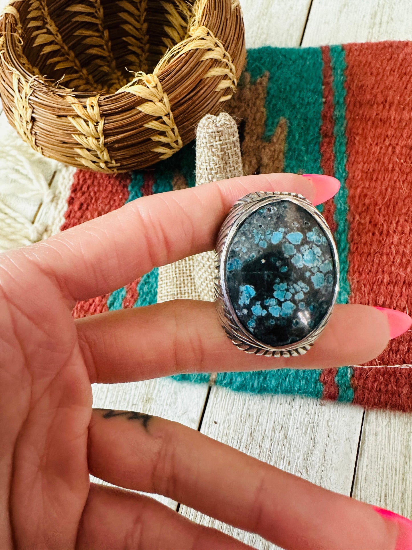 Old Pawn Handcrafted Sterling Silver & Kingman Web Turquoise Men’s Ring Size 10