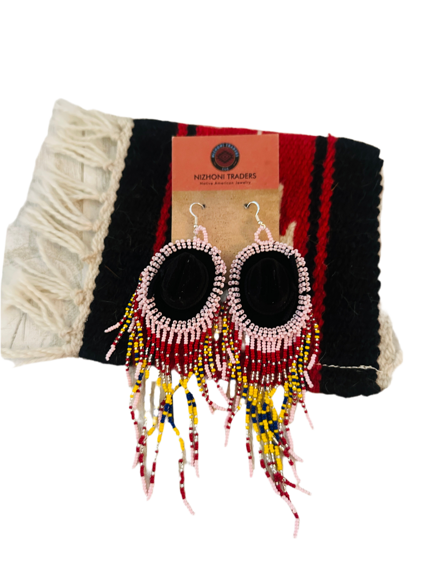 Handcrafted Beaded Cowboy Hat Dangle Earrings- pink