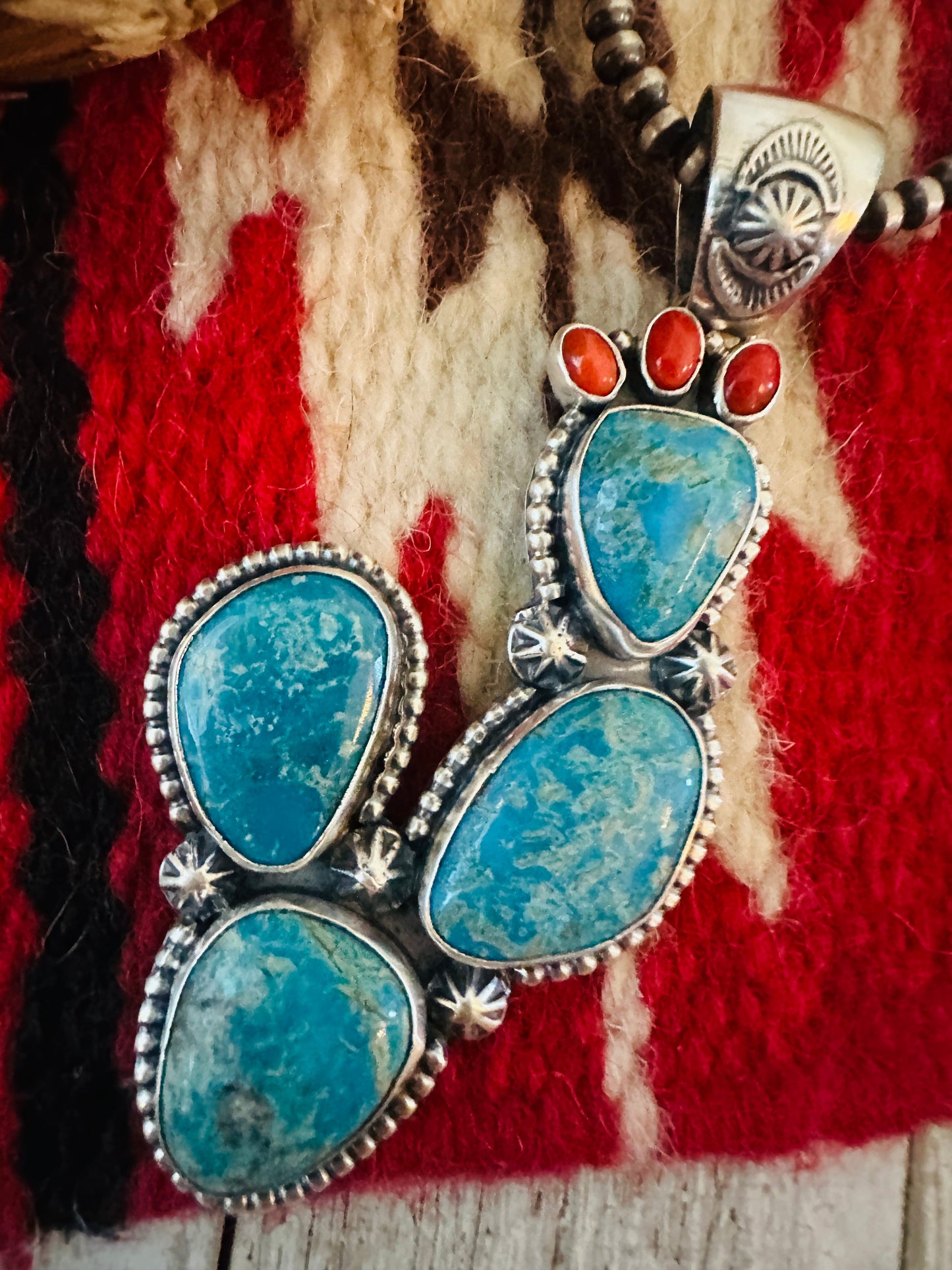 Handcrafted Sterling Silver, Turquoise & Coral Cactus Pendant