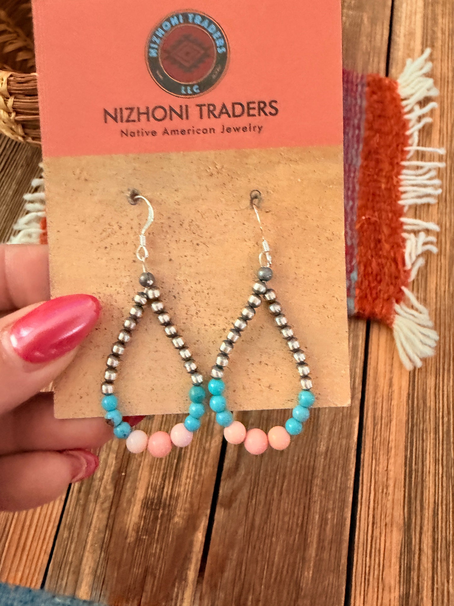 Handcrafted Pink Conch, Turquoise & Sterling Silver Pearl Beaded Dangle Hoop Earrings