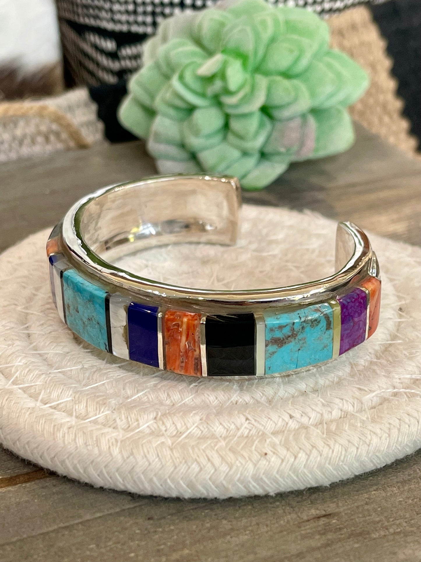 Handmade Sterling Silver Multi Stone Inlay Cuff