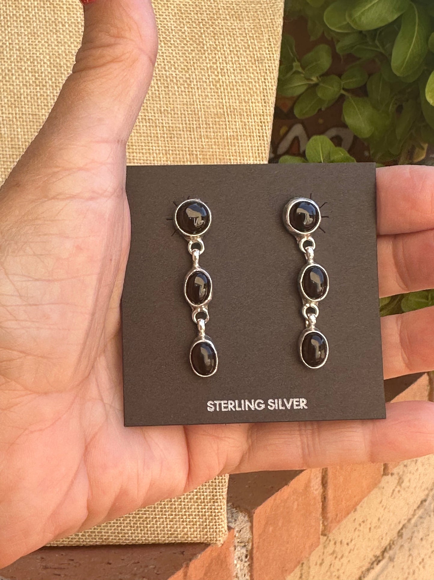 Handcrafted Made Black Onyx & Sterling Silver 3 Stone Dangle Earrings