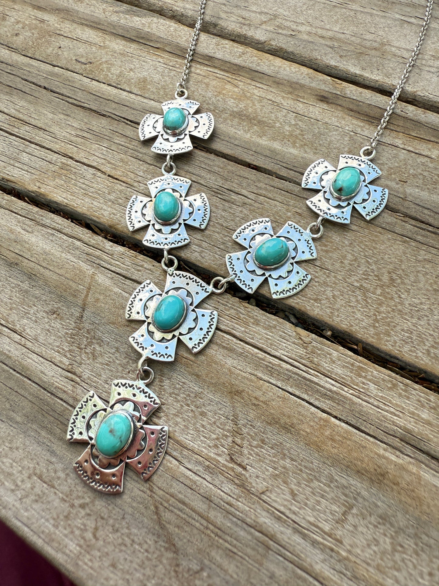 Handmade Sterling Silver & Kingman Turquoise Cross Lariat Necklace