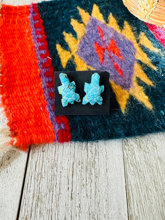 Handcrafted Hand Carved Turquoise Fetish Turtle Stud Earrings