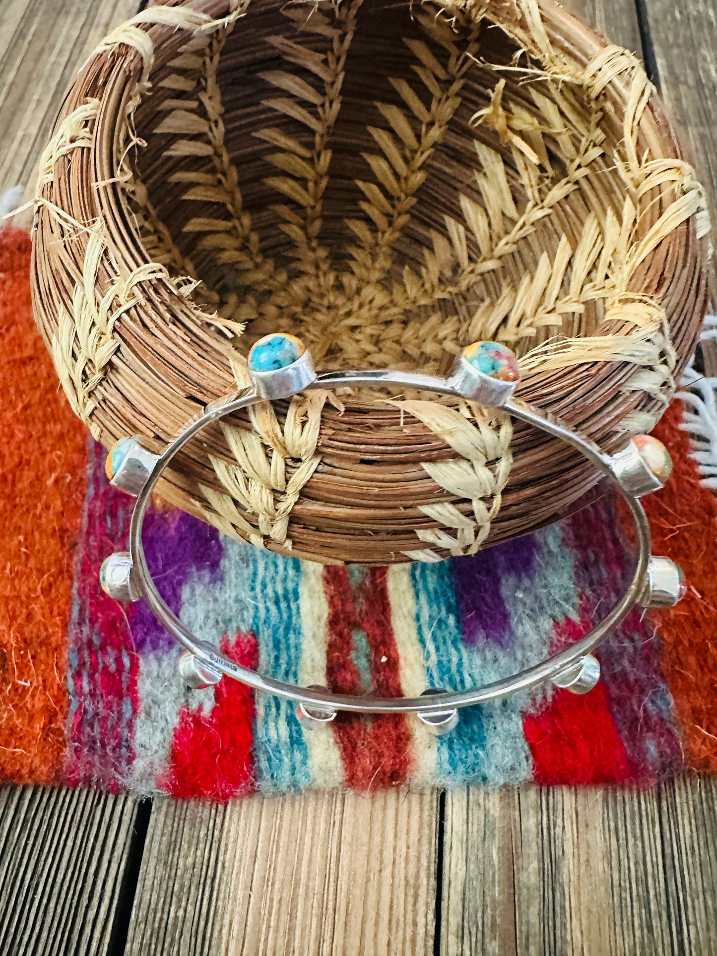 Handcrafted Multi Stone & Sterling Silver Bangle Bracelet
