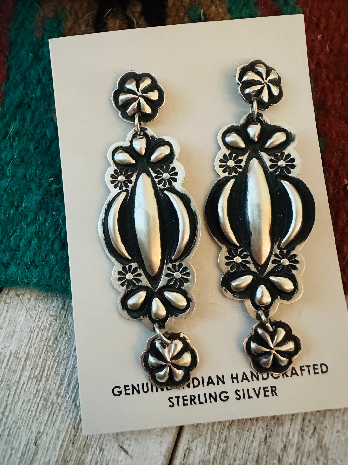 Handcrafted Hand Stamped Sterling Silver Concho Dangle Earrings by Leander Tahe