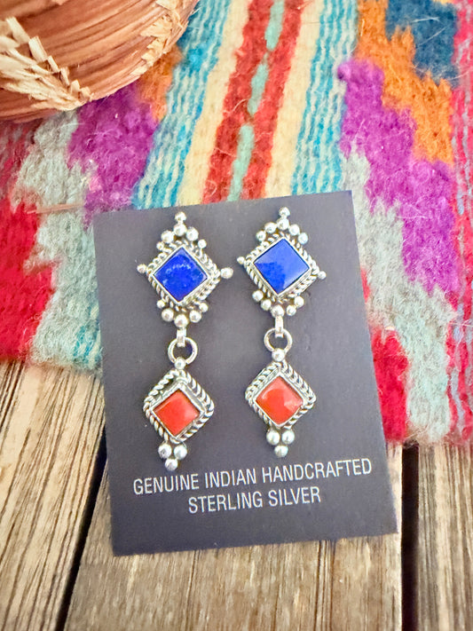 Handcrafted Lapis, Coral & Sterling Silver Dangle Earrings