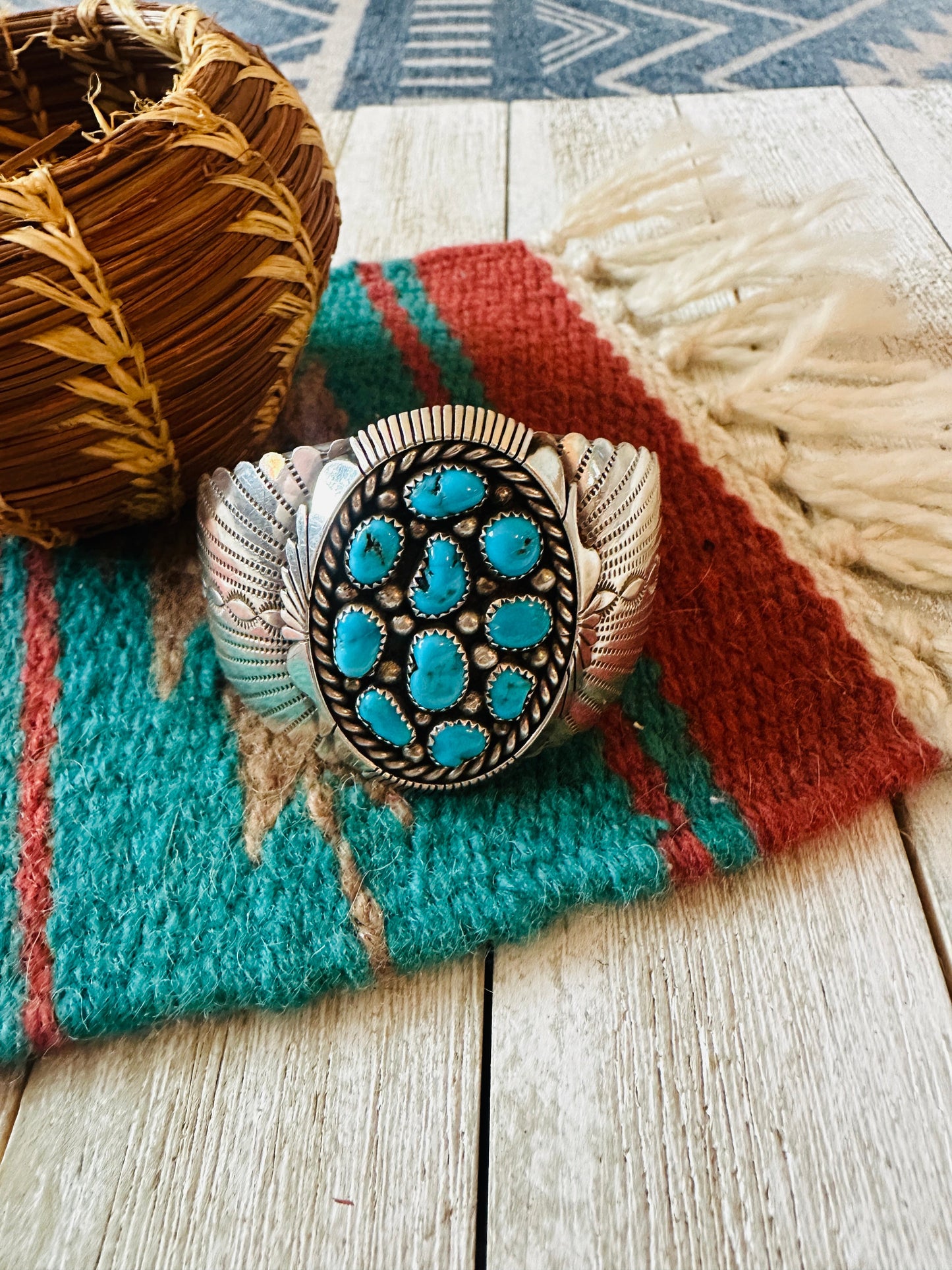 Old Pawn Sterling Silver & Turquoise Cluster Cuff Bracelet /