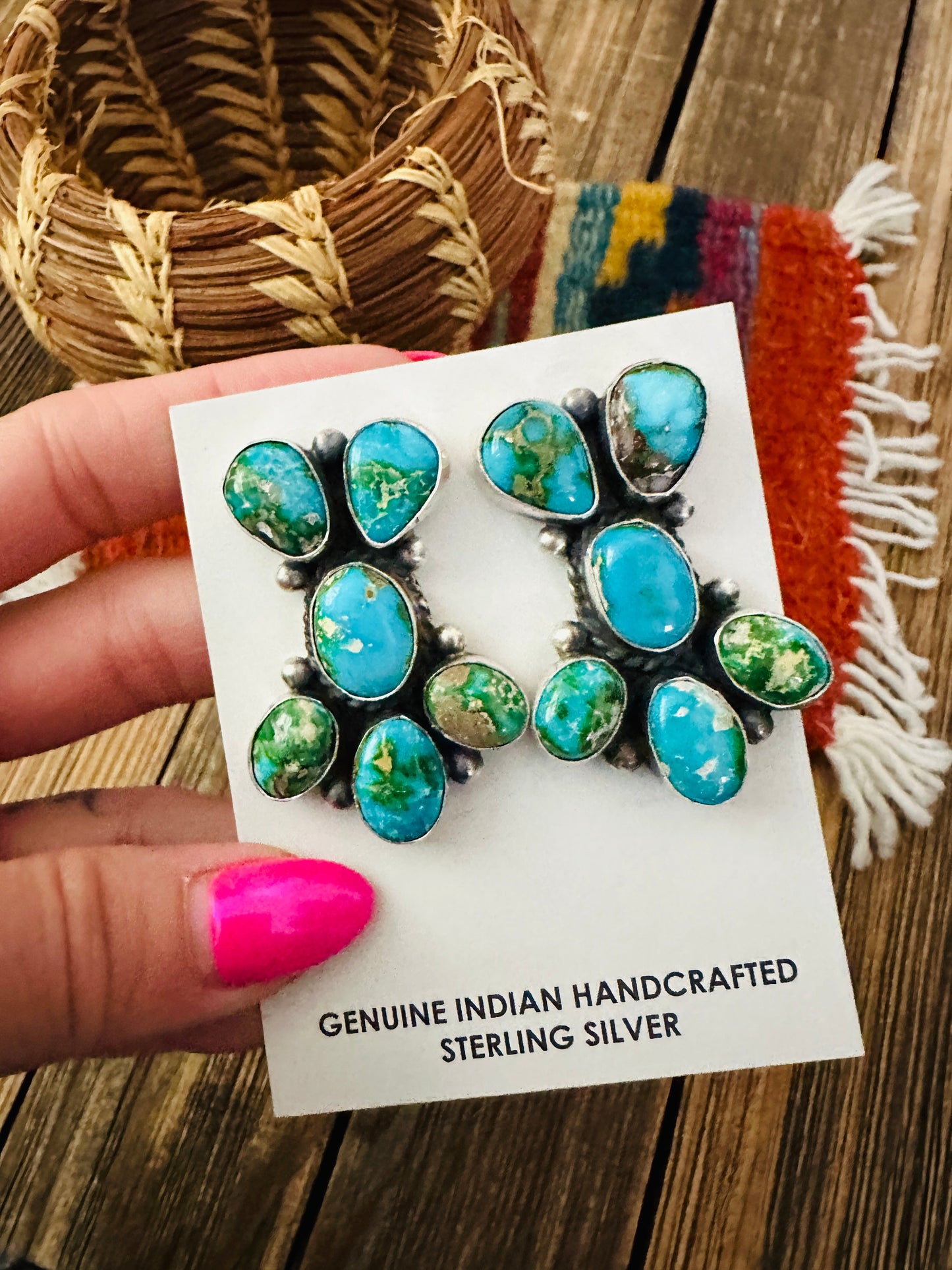 Handcrafted Sonoran Mountain Turquoise & Sterling Silver Cluster Post Earrings by Debra Smith