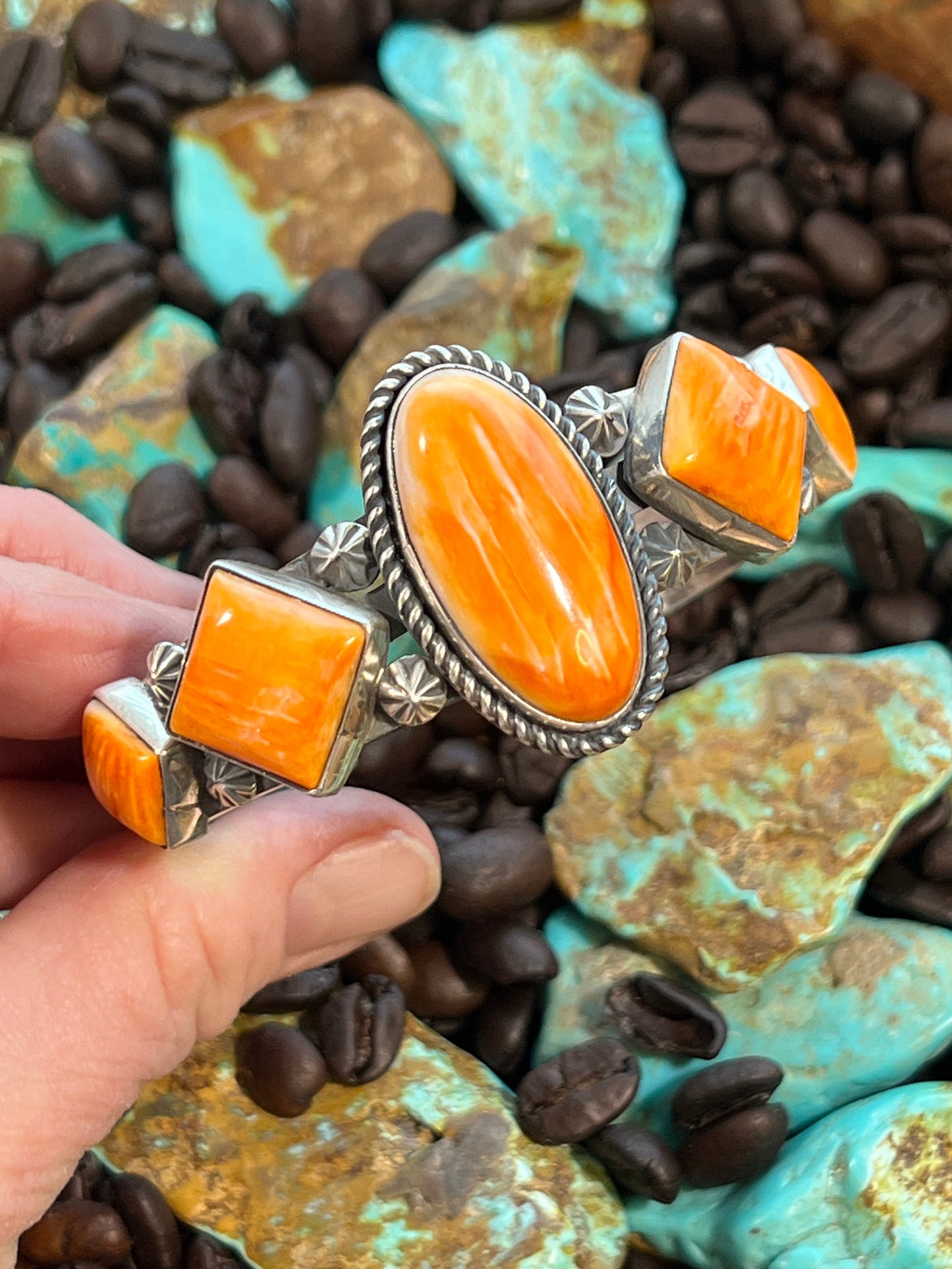 Handcrafted Sterling Silver and Orange Spiny Oyster Shell Geometric Row Cuff by Rosella Paxson
