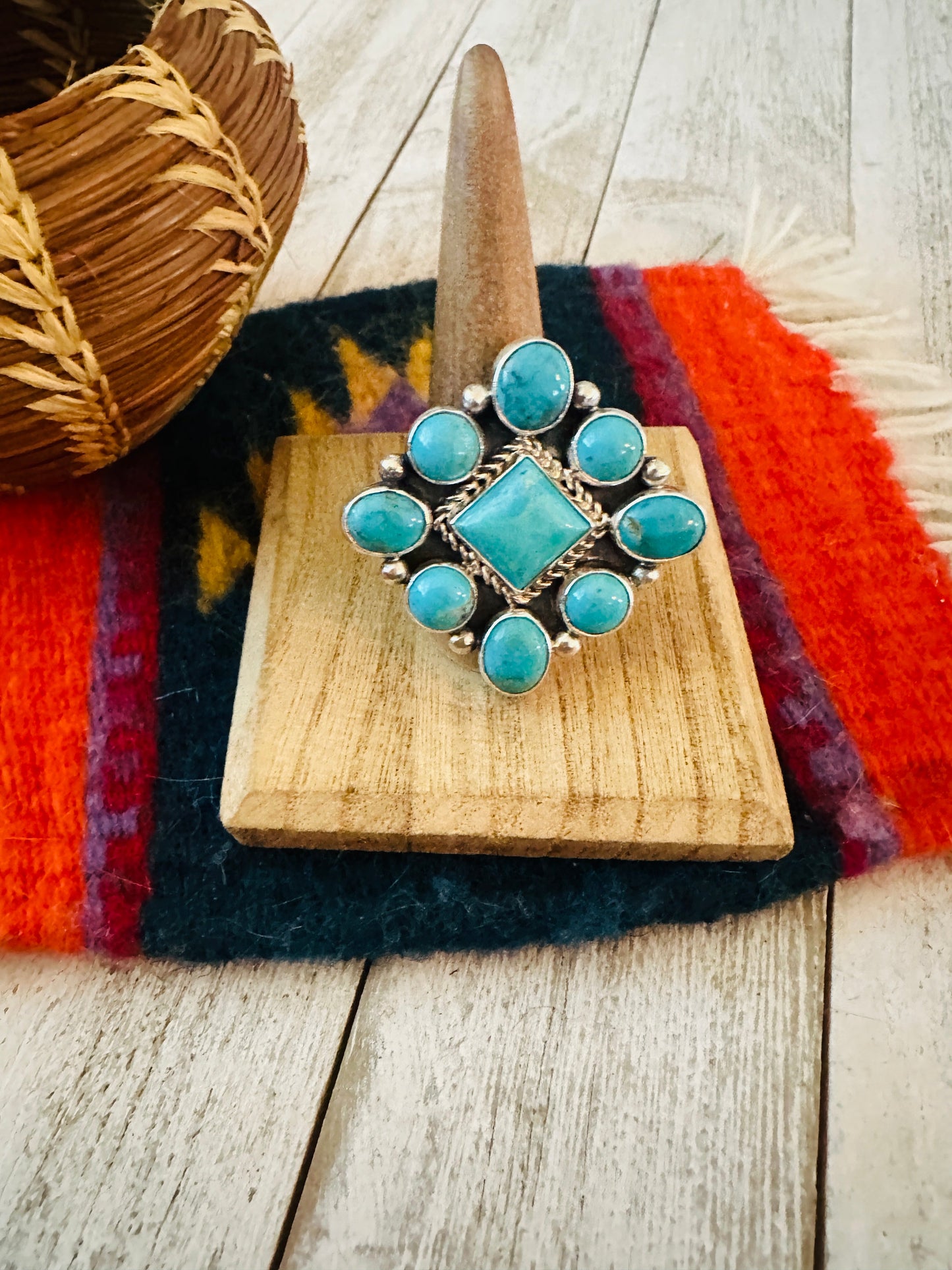Handcrafted Sterling Silver & Turquoise Cluster Adjustable Ring
