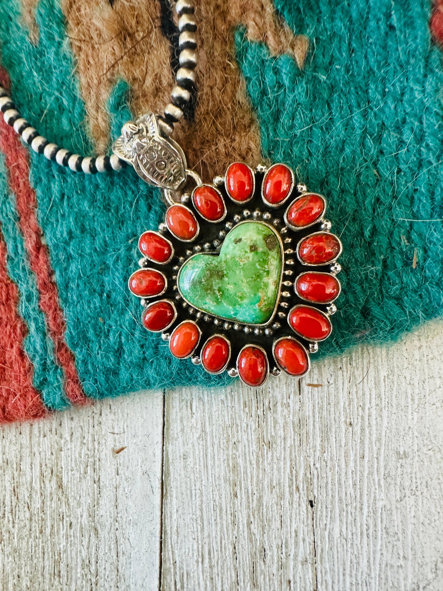 ** Christmas Collection ** Handmade Sterling Silver, Coral & Turquoise Heart Pendant Signed Nizhoni
