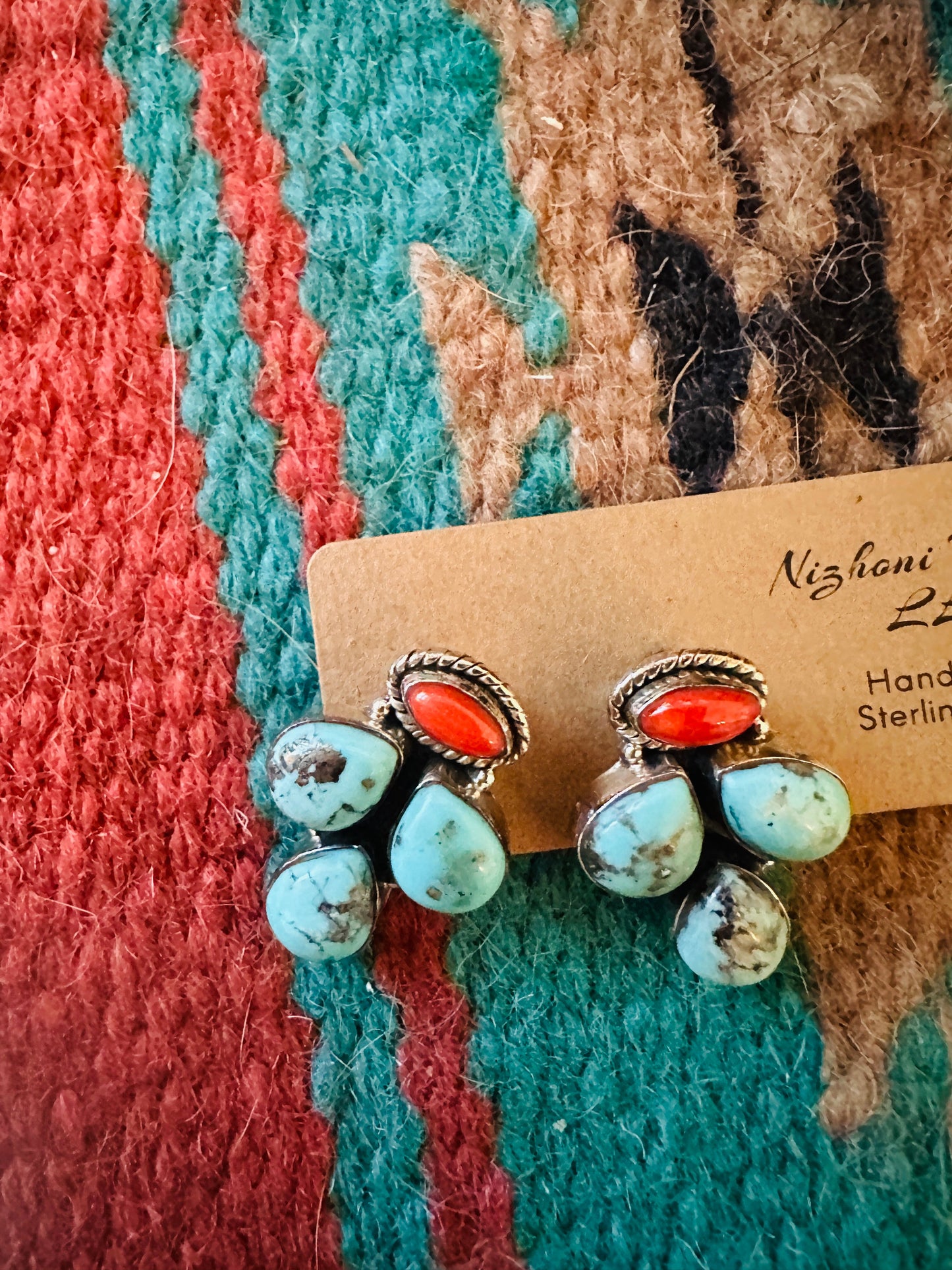 ** Christmas Collection ** Handmade Sterling Silver, Coral & Turquoise Cluster Earrings Signed Nizhoni