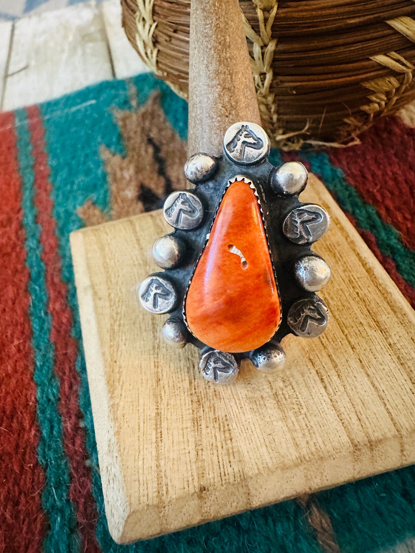 Old Pawn Handcrafted Sterling Silver & Orange Spiny Ring Size 8.5