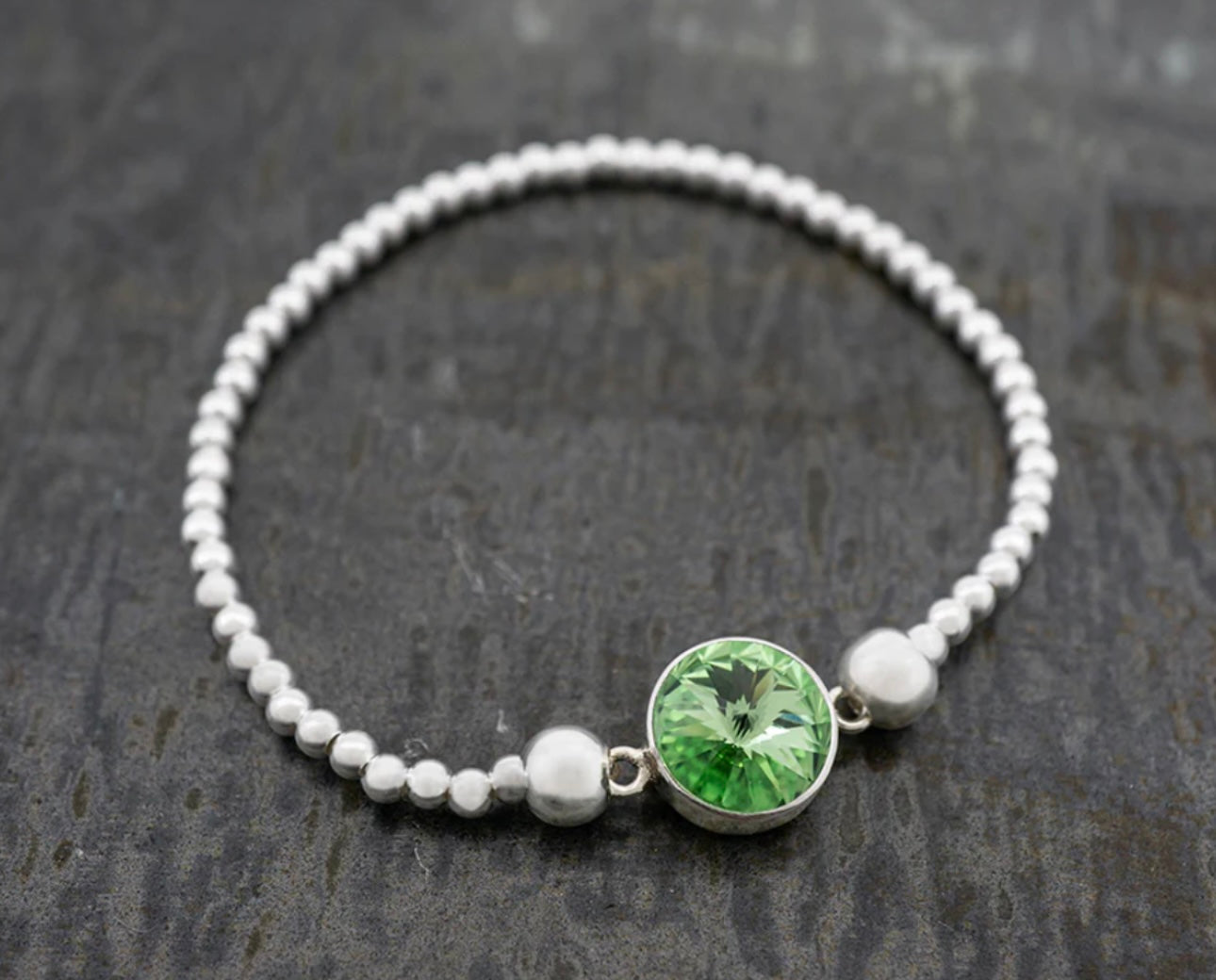 Beaded Sterling Silver Stretch Bracelet w/ Center Crystal Peridot