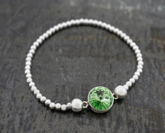 Beaded Sterling Silver Stretch Bracelet w/ Center Crystal Peridot