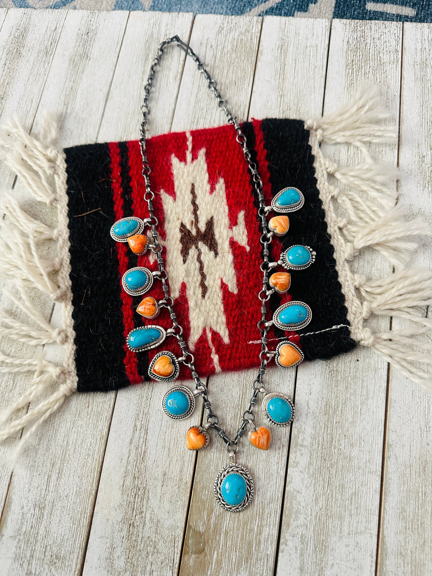 Handcrafted Sterling Silver, Turquoise & Spiny Heart Necklace, Signed RY