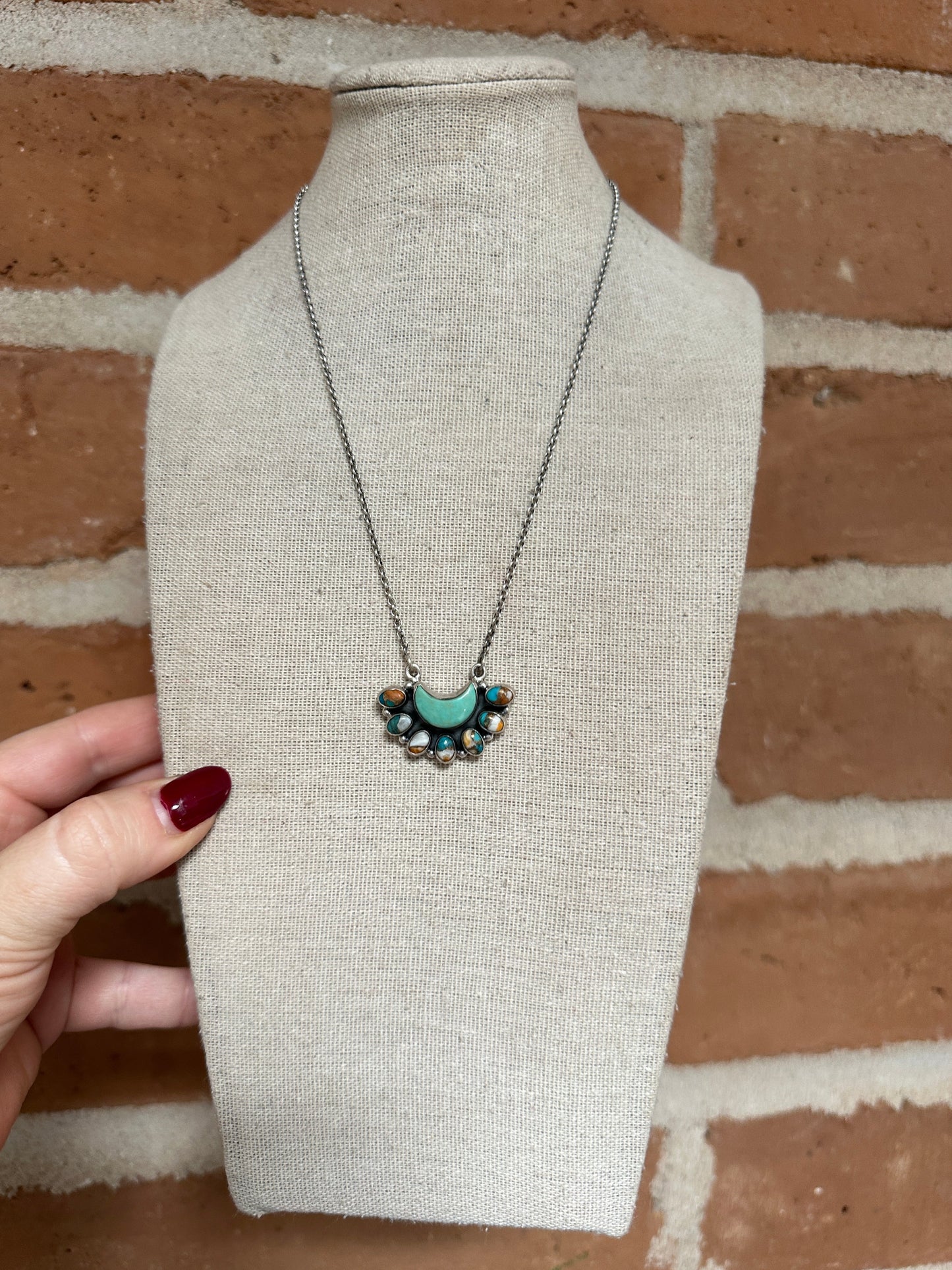 Beautiful Handmade Sterling Silver, Turquoise & Spice Moon Necklace