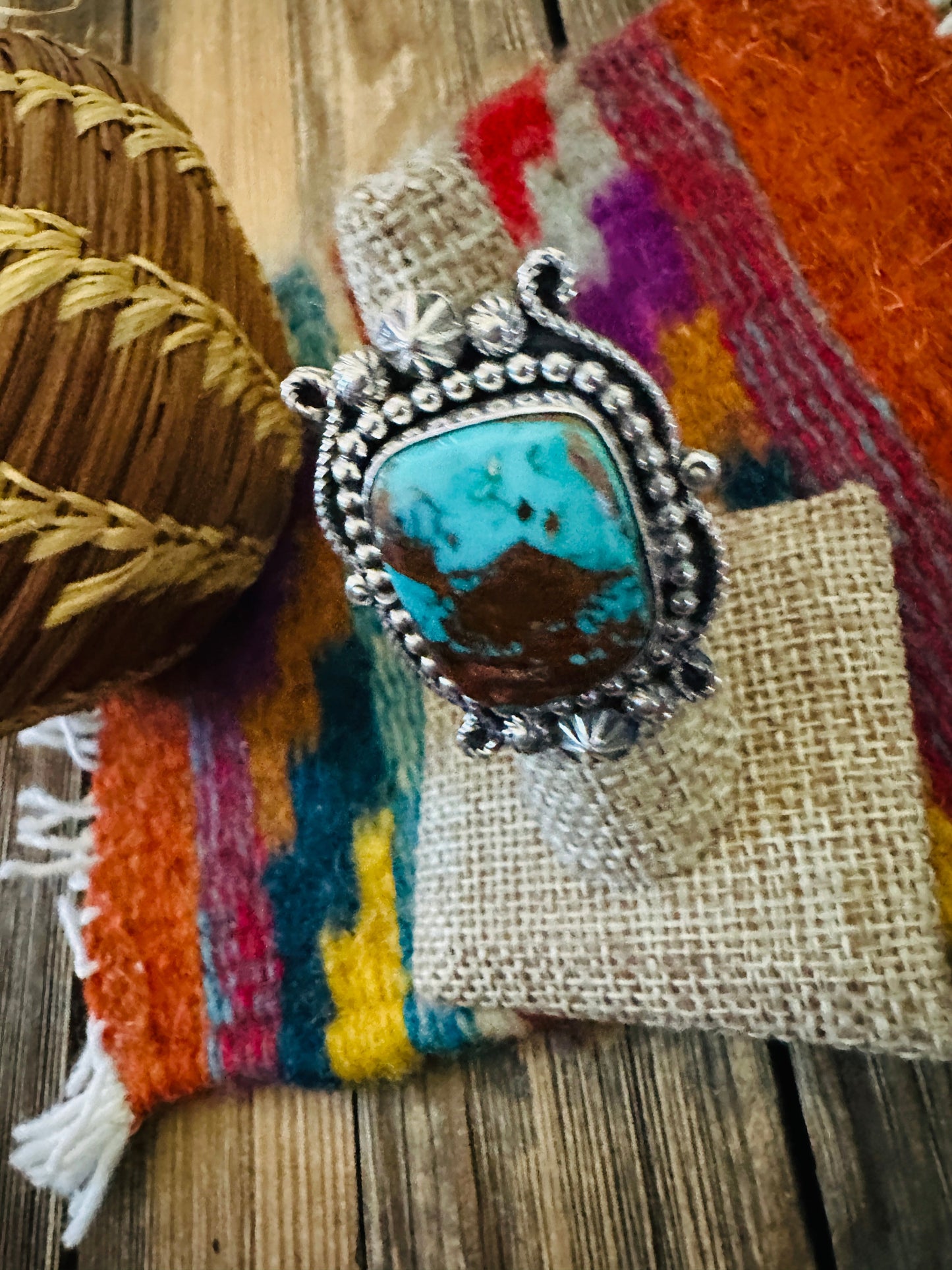 Handcrafted Pilot Mountain Turquoise & Sterling Silver Ring 7 by Rosella Paxson
